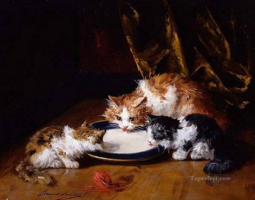 猫 Painting - ミルクを吸う3匹の猫 アルフレッド・ブルネル・ド・ヌーヴィル